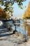 Promenade le long du quai Notre-Dame aÃƒÆ’Ã¢â‚¬Å¡Ãƒâ€šÃ‚Â Tournai en Belgique en automne. Pont des trous en perspective